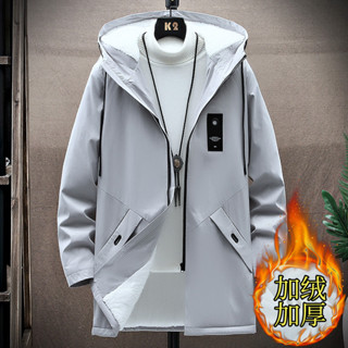 新品 男士中長款刷毛加厚刷毛風衣外套韓版素色百搭連帽保暖鋪棉外套日系ins時尚百搭棉襖男上衣