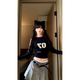 🥑Blokette 超辣超喜歡!!!【拼接條紋】美式復古辣妹長袖T恤INS韓版顯瘦上衣 運動少女風 美式球衣 辣妹球衣