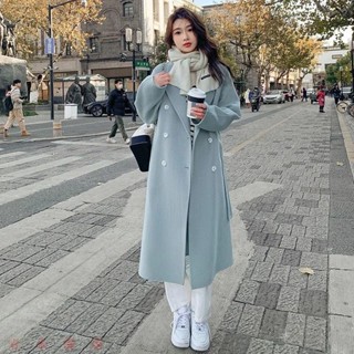 秋冬季藍色韓系通懃毛呢大衣女款韓版寬鬆中長款風衣外套系帶毛呢外套女士長版大衣外套【壹米優選】