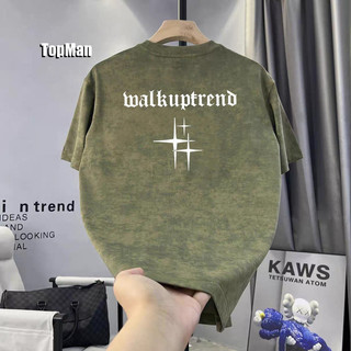 TopMan 男t恤短袖 做舊扎染十字星三印花美式潮t 杏色 綠色 灰色 咖色 男生短袖 上衣