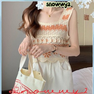 SNOWWY2裁剪上衣,鉤針刺繡圖案無袖背心,時尚優雅針織復古罐頂婦女