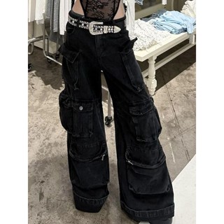 臺灣出貨🌸美式vibe大碼水洗多口袋工裝牛仔褲女 街頭黑色直筒寬鬆闊腿長褲潮 女工裝長褲 牛仔褲長褲 長褲直筒 低腰工裝