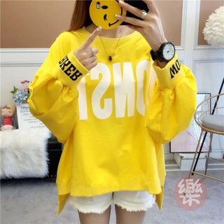 韓版大學t 刷毛薄款可選/春秋裝女2025新款慵懶風衛衣女印花寬鬆上衣長袖潮 落肩大學t 秋季長袖 圓領衛衣「樂購」