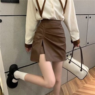 【🍒櫻桃大尺碼】大尺碼胖妹妹mm顯瘦皮裙半身裙女夏季遮肚子包臀裙大碼百搭開叉a字短裙