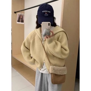 【HOT 本舖】 韓版拉鏈大翻領純色針織開衫外套女新款春季外穿寬鬆軟糯毛衣上衣