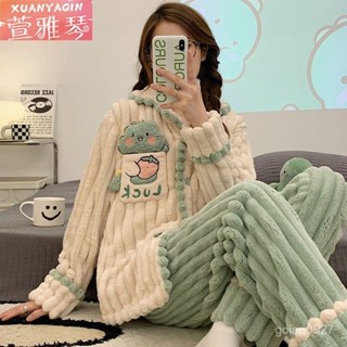 高品質-虧本清倉-100%睡衣女秋冬加厚法蘭絨甜美可愛網紅珊瑚絨大碼寬鬆居家服套裝 QDTU