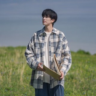 秋季韓式刺繡格子休閒長袖襯衫男士寬鬆