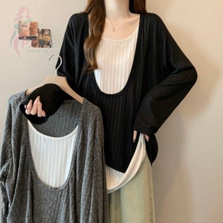 大碼彈力螺紋棉假兩件長袖t恤女早秋2025新款寬鬆顯瘦時尚上衣女 大碼女裝 秋季長袖t恤 韓版t恤 拼接t恤【PAPA】