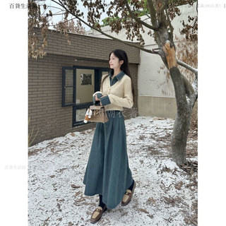 精緻女孩 洋裝鞦鼕穿搭一整套裝女裝chic牛仔拚接設計感長袖針織上衣高腰半身裙韓國連線 小仙女 連身裙 girl 細肩