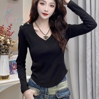 秋季薄款純色打底衫正肩V領上衣女修身顯瘦設計感長袖t恤甜美韓版長袖 寬鬆上衣 女生韓版大尺碼 大尺碼秋冬上衣【PAPA】