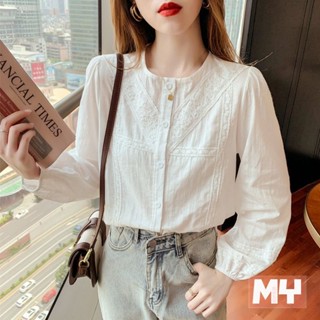 長袖圓領襯衫女設計感小眾春裝2024新款法式蕾絲提花小衫花邊上衣 顯瘦韓版花邊襯衣 秋季襯衫 氣質長袖襯衫【MY】