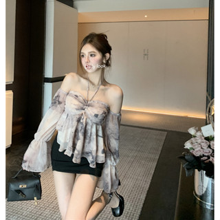 💖臺灣出貨💖 性感長袖襯衫 露肩上衣 短版襯衫裙 欲純掛脖一字肩暈染兩穿吊帶雪紡襯衫女 春夏新款chic甜辣短款上衣