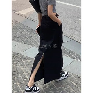 精緻女孩黑色工裝半身裙女春夏2025新款高階感高腰顯瘦開叉到腳踝a字長裙韓國連線 小仙女 girl 顯瘦 時尚