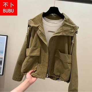 【有裡布】純色連帽風衣女短款2024秋季新款寬鬆休閒慵懶風外套潮韓版 韓系 日系