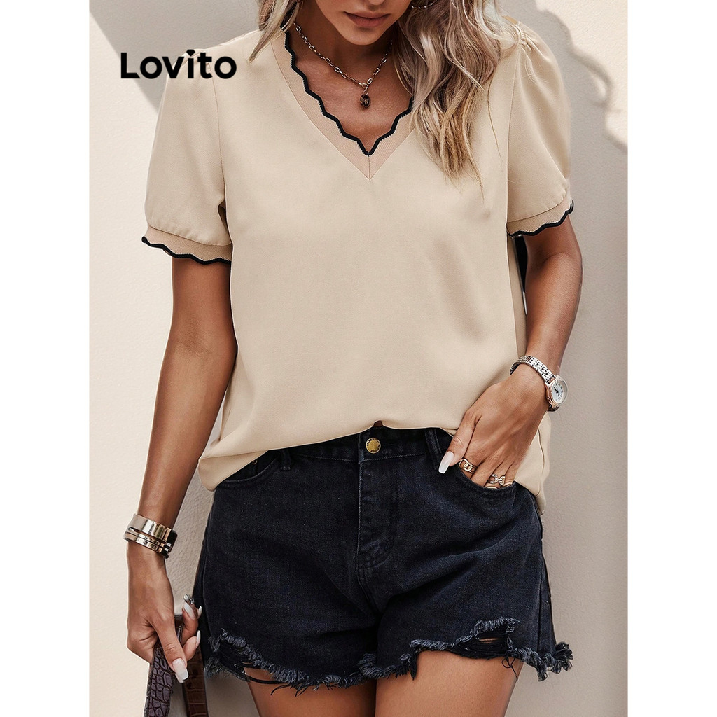 Lovito 女休閒素色拼色荷葉邊領襯衫 LBL14440