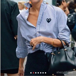 [現貨免運]條紋愛心襯衫外套女2024秋季藍紋設計感寬鬆襯衫別緻長袖防曬上衣韓國女裝日係複古