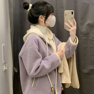 【HOT 本舖】 新款韓系小清新紫色連帽羊羔毛外套女冬季寬鬆時尚減齡毛茸茸上衣
