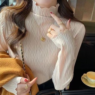 [MTT精選熱賣]半高領蕾絲打底衫女韓版新款秋冬洋氣內搭上衣木耳邊提花網紗上衣