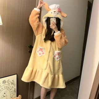 睡衣 兩件式睡衣冬季 睡袍 居傢服 保暖睡衣餅餅新款睡衣女冬季珊瑚絨加絨加厚廚師狗睡袍可愛連帽少女家居服