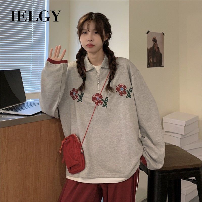 Ielgy Polo領長袖衛衣女秋季薄款寬鬆上衣