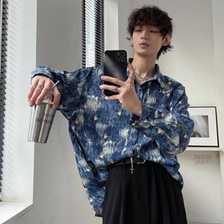 【VV】 痞帥花襯衫男港風復古設計感小眾古著潮流扎染印花長袖髮型師襯衣