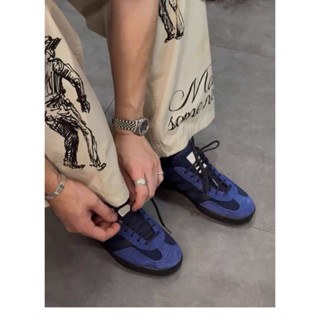 菠蘿潮品 / 真皮深藍色德訓鞋2024新款百搭休閒運動鞋平底拼色復古經典板鞋女
