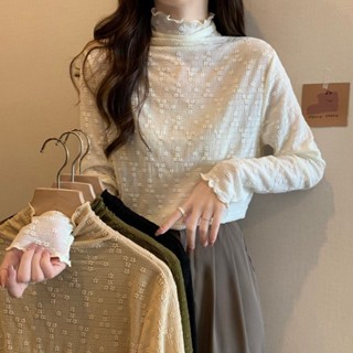 S-2XL 大碼女裝 大尺碼上衣 蕾絲內搭 半高領木耳邊蕾絲長袖t恤女春秋內搭打底衫遮肚顯瘦上衣