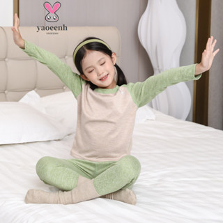 【YAOEENH】120-180CM 秋冬兒童拼色插肩袖打底保暖內衣套裝 中大男童女童圓領家居服睡衣 現貨 快速出貨
