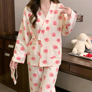 Loopy 睡衣女加厚和服長袖長褲休閒睡衣套裝長袖睡衣女 Baju Tidur Wanita