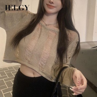 IELGY 鏤空防曬上衣設計辣妹純色休閒短款針織毛衣女