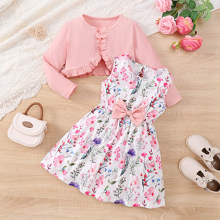3-7 歲兒童女孩 2 件套服裝套裝粉色長袖開衫上衣配無袖碎花蝴蝶結連衣裙時尚可愛風格休閒裝