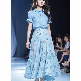夏裝搭配一整套高階感藍色襯衫套裝裙女新款夏季今年流行漂亮百搭短袖上衣 顯瘦素T 長裙 半身裙 洋裝 禮服 洋裝 潮流女裝