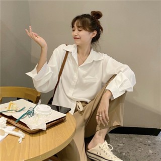 【HOT 本舖】 實拍！韓版秋季百搭長袖襯衫女簡約寬鬆顯瘦上衣垂感打底襯衣