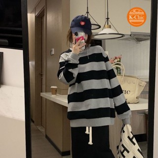 【K-Chic】復古條紋衛衣女新款秋裝薄款ins寬鬆韓版長袖圓領套頭上衣潮