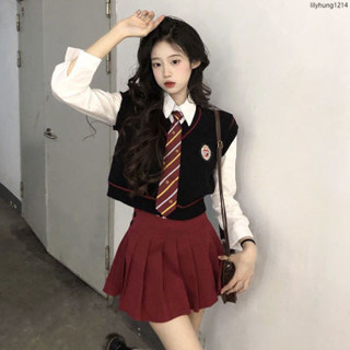 臺灣出貨✨大尺碼女裝 學院三件套秋冬短款長袖襯衫 減齡針織馬甲背心 高腰百褶半身裙 套裝女 大碼女裝 學院風套裝
