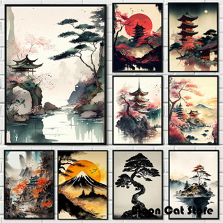 日本禪宗風景海報盆景樹和平寶塔寺櫻花帆布畫牆藝術圖片家居裝飾 MROW