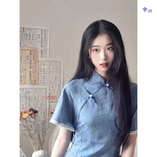 W&S 高品質改良式旗袍 名媛風 夏季新式藍色旗袍長款 蝕骨改良少女年輕款高階氣質老上海旗袍 洋裝