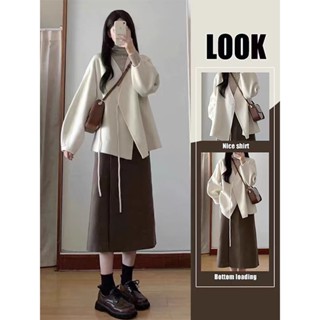 L-4XL 秋冬搭配一整套 綁帶無領毛呢外套顯瘦半身裙高階感小洋裝 兩件套 大尺碼女裝 大碼套裝 修身顯瘦套裝 韓系穿搭