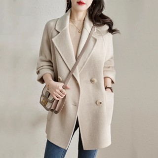 M-4XL 韓版毛呢中長款風衣外套 羊毛大衣女 大尺碼女裝 秋天女裝 上班通勤穿搭 卡其色大衣 梨形身材