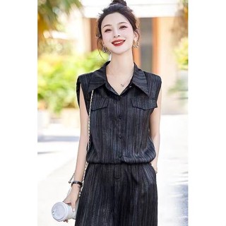 [多米女裝]時尚休閒套裝女2024夏季新款洋氣減齡顯瘦短袖上衣闊腿褲兩件套潮