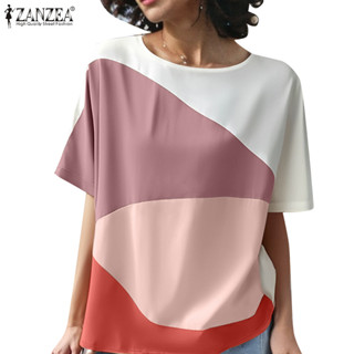 Zanzea 女式複古休閒圓領短袖撞色寬鬆上衣