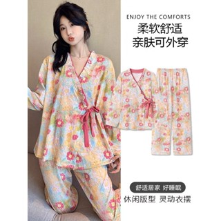 冬天睡衣 居家服 韓國睡衣 S-2XL 長袖長褲睡衣 秋季寬鬆新款開衫碎花寬鬆家居服冬 FZIX