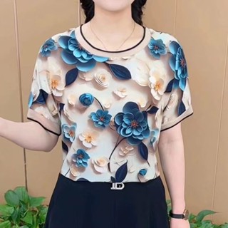 💖臺灣出貨💖 中年媽媽裝 5XL 大尺碼上衣 短袖上衣 夏季涼爽時尚印花雪紡衫短袖圓領寬鬆顯瘦高檔氣質媽媽上衣