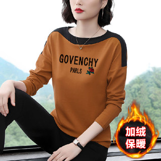 顯瘦長袖 秋季上衣 加絨打底衫女裝字母印花拼接加絨加厚長袖t恤保暖上衣 寬鬆t恤 長袖t恤 大尺碼秋冬上衣【樂購】