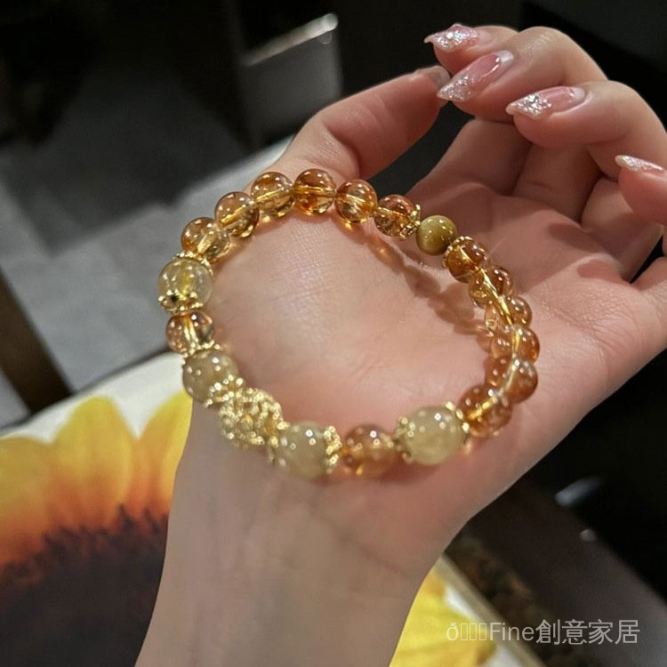 7A天然水晶 天然黃水晶手串手鏈金髮晶虎眼石輕奢高級感串珠珠子 原礦水晶 水晶手串 手鏈 飾品 TR