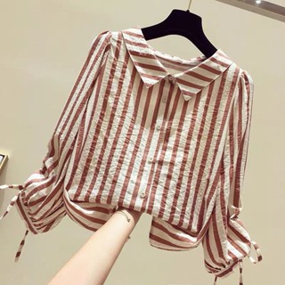 【多米女裝】條紋襯衫女長袖2022新款秋季韓版寬鬆學生娃娃領襯衫袖子抽繩上衣