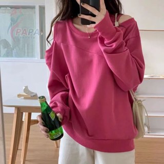 早春秋季玫紅色露肩掛脖設計感上衣大碼女裝新款胖mm200斤300衛衣 大尺碼衛衣 大尺碼長袖圓領t 秋季衛衣【PAPA】