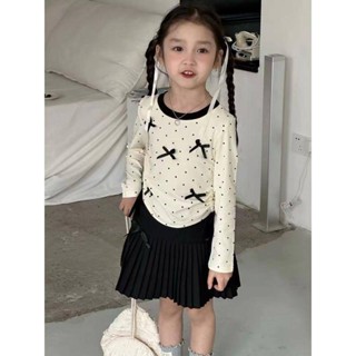 Smile Kids 女童長袖 臺灣出貨 女童長袖T恤秋裝2024蝴蝶結打底上衣印花中大童秋季修身波點