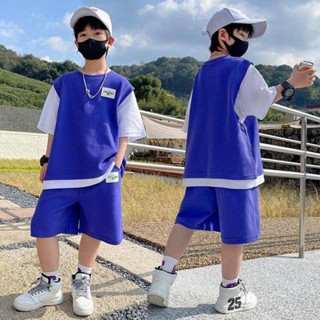 ⚡JUSTIN⚡臺灣現貨 兒童套裝 童裝男童套裝新款華夫格炸街兩件套夏季痞帥假兩件短袖褲子嘻哈潮
