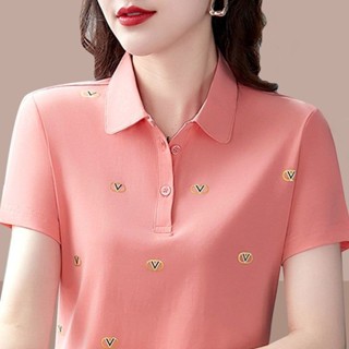 限時優惠翻領短袖t恤女士夏季新款帶領媽媽寬鬆運動polo衫上衣|韓版POLO衫|氣質媽媽裝|時尚翻領上衣
